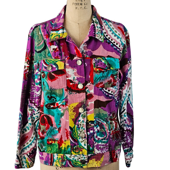 Bold bright multi abstract print jean Phool Jacket Medium - Picture 1 of 11